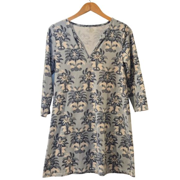 Spartina 449 Jillian Split Neck Dress Palms Blue Small Peruvian Cotton A-Line - Picture 1 of 9
